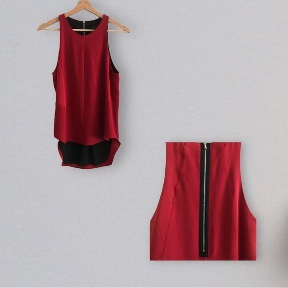 rag & bone Tops - RAG & BONE Top Sleeveless Red/Black Exposed Zipper Hi-Low Hem Size S